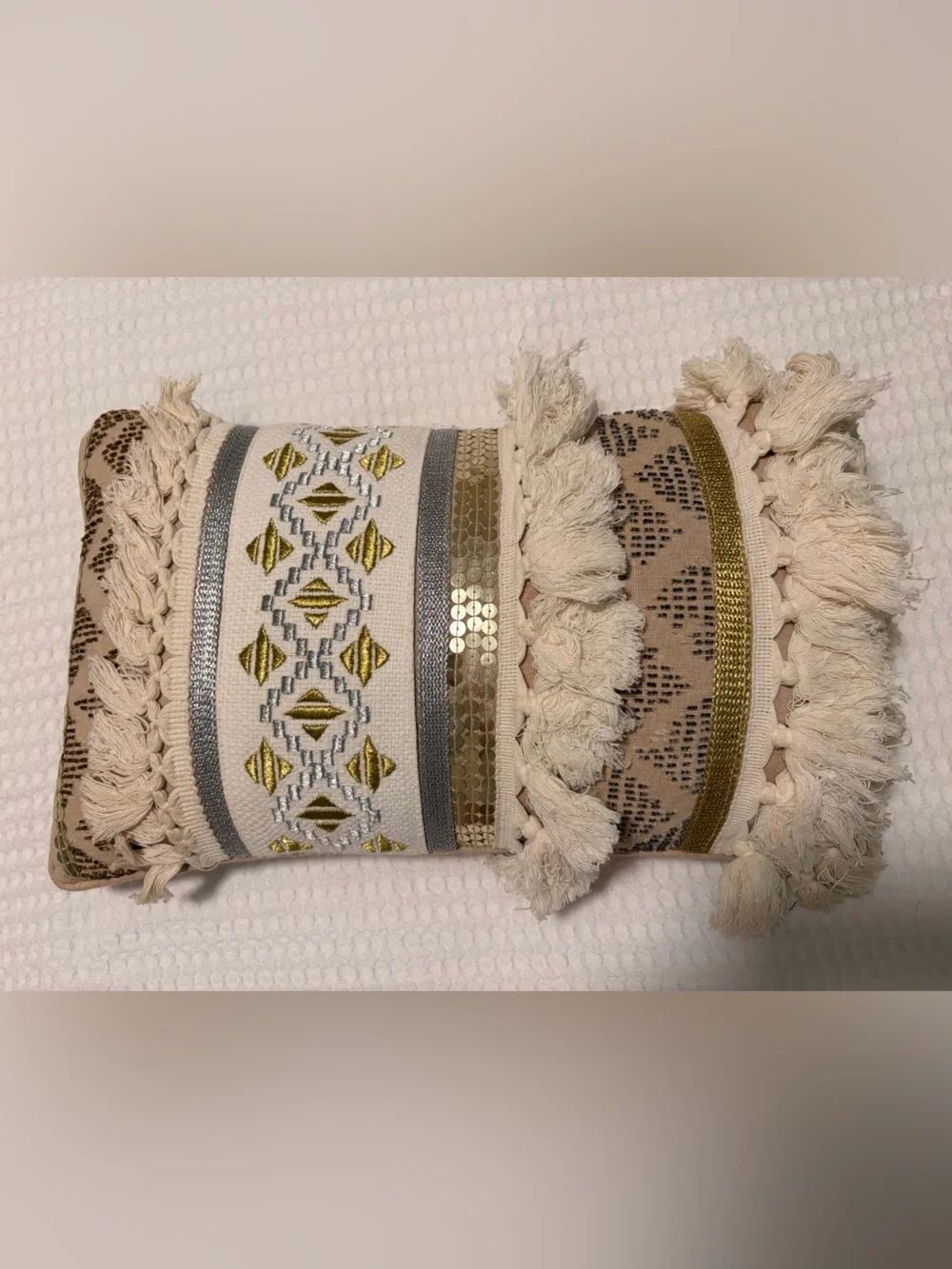 Boho Tassel Accent Pillow in Cream and Gold